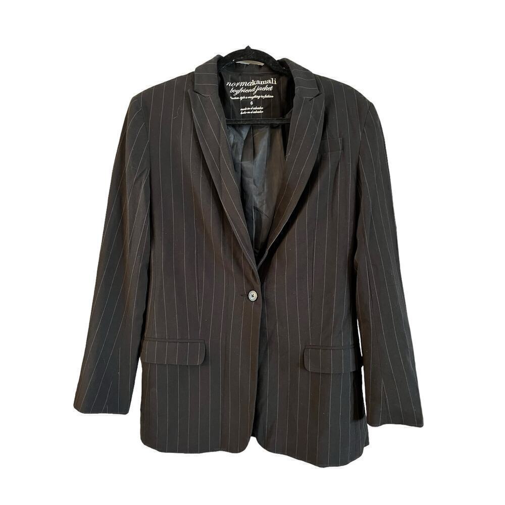 Norma Kamali Black Pinstripe Single Breasted Boyfriend Jacket Blazer, women’s 6